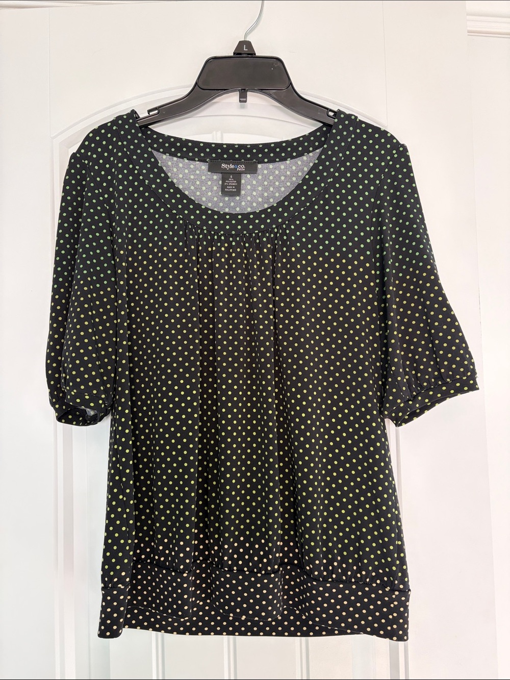 Style & Co. Petite Dot Dotted Shirt S Small green yellow black short sleeve
